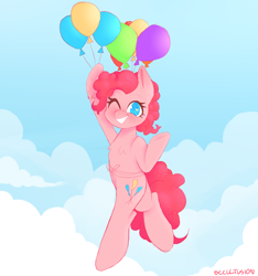 Size: 1000x1067 | Tagged: safe, artist:onionpwder, pinkie pie, earth pony, pony, balloon, chest fluff, cloud, cute, diapinkes, floating, heart eyes, no pupils, one eye closed, sky, smiling, solo, then watch her balloons lift her up to the sky, wingding eyes, wink