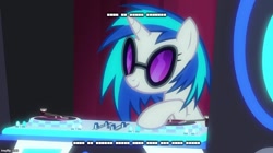 Size: 888x499 | Tagged: safe, edit, edited screencap, screencap, dj pon-3, vinyl scratch, pony, unicorn, caption, female, image macro, mare, meme, mute, mute vinyl, rio, solo, text