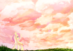 Size: 1593x1116 | Tagged: safe, artist:dddreamdraw, fluttershy, pegasus, pony, cloud, cloudscape, colored wings, female, folded wings, grass field, head turn, looking away, looking up, mare, outdoors, palindrome get, sky, solo, standing, wings