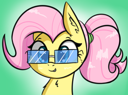 Size: 1644x1223 | Tagged: safe, artist:artiks, fluttershy, pegasus, pony, alternate hairstyle, bust, female, glasses, looking at you, mare, nerd, simple background, smiling, solo