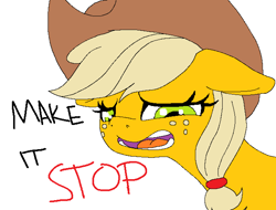 Size: 1292x982 | Tagged: safe, artist:paintanon, applejack, earth pony, pony, dialogue, make it stop, solo