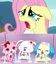 Size: 626x704 | Tagged: safe, edit, edited screencap, editor:mega-poneo, screencap, fluttershy, cat, dog, pegasus, pony, rabbit, hurricane fluttershy, animal, anime, crossover, crying, female, fluttercry, garnet (jewelpet), jewelpet, mare, mega poneo strikes again, ruby (jewelpet), sanrio, sapphie, sega