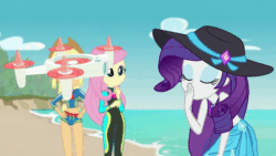 Size: 800x450 | Tagged: safe, screencap, applejack, fluttershy, rarity, better together, equestria girls, forgotten friendship, animated, blowing a kiss, clothes, cute, drone, flirting, geode of fauna, geode of shielding, gif, hat, loop, magical geodes, raribetes, selfie drone, sexy, sun hat, swimsuit