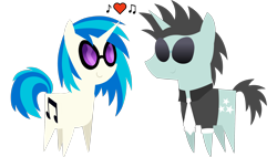 Size: 3400x1928 | Tagged: safe, artist:diigii-doll, artist:kacu95, edit, dj pon-3, neon lights, rising star, vinyl scratch, pony, unicorn, chibi, clothes, cutie mark, female, glasses, heart, hooves, horn, male, mare, music notes, necktie, pointy ponies, shipping, shirt, simple background, smiling, straight, sunglasses, transparent background, vector, vinylights