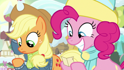 Size: 1280x720 | Tagged: safe, screencap, applejack, pinkie pie, earth pony, pony, best gift ever, duo, female, mare