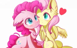 Size: 850x531 | Tagged: safe, artist:初茗茉上tzxj, fluttershy, pinkie pie, earth pony, pegasus, pony, blushing, chest fluff, cute, diapinkes, ear fluff, female, flutterpie, heart, hoof on chest, lesbian, mare, shipping, shyabetes, simple background, smiling, white background