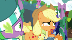 Size: 1280x720 | Tagged: safe, screencap, applejack, spike, dragon, earth pony, pony, best gift ever, hat, plot, winged spike, winter outfit