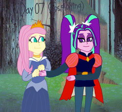 Size: 2000x1842 | Tagged: safe, artist:bigpurplemuppet99, aria blaze, fluttershy, equestria girls, 30 day otp challenge, ariashy, clothes, cosplay, costume, female, flutterblaze, lesbian, shipping, sleeping beauty