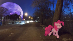 Size: 780x439 | Tagged: safe, artist:tardifice, edit, pinkie pie, pony, biosphere (montréal), irl, lamp, montreal, photo, ponies in real life, sauvons le mini-cheval, tree