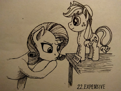 Size: 1200x900 | Tagged: safe, artist:sa1ntmax, applejack, rarity, earth pony, pony, unicorn, inktober, inktober 2018, monochrome, plushie, price tag, table, traditional art