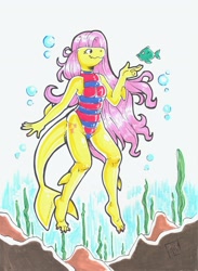 Size: 2472x3369 | Tagged: safe, artist:raph13th, fluttershy, anthro, fish, original species, plantigrade anthro, shark pony, bubble, clothes, female, fluttershark, marker drawing, one-piece swimsuit, sharkified, smiling, species swap, swimsuit, traditional art, underwater