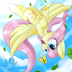 Size: 3000x3000 | Tagged: safe, artist:dddreamdraw, fluttershy, bird, butterfly, pegasus, pony, crepuscular rays, eye clipping through hair, female, flying, mare, open mouth, outdoors, sky, smiling, solo, spread wings, upside down, wings