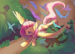 Size: 2600x1850 | Tagged: safe, artist:leafywind, fluttershy, bird, pegasus, pony, female, flying, forest, mare, solo