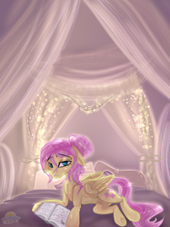 Size: 592x790 | Tagged: safe, artist:laurabaggins, fluttershy, pegasus, pony, alternate hairstyle, bed, book, female, floppy ears, hair bun, lidded eyes, looking at you, mare, prone, signature, solo