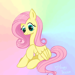 Size: 720x720 | Tagged: safe, fluttershy, pegasus, pony, cute, female, gradient background, mare, raised hoof, shyabetes, sitting, smiling, solo, sparkling eyes