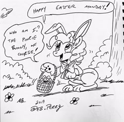 Size: 2891x2850 | Tagged: safe, artist:debmervin, pinkie pie, pony, basket, bunny ears, easter, easter basket, easter bunny, easter egg, holiday, monochrome, neck bow, solo, traditional art