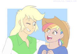 Size: 1238x875 | Tagged: safe, artist:feellikeaplat, applejack, oc, oc:rainbow feather, human, applejack's hat, cowboy hat, ear piercing, earring, hat, humanized, interspecies offspring, jewelry, magical lesbian spawn, next generation, offspring, parent:gilda, parent:rainbow dash, parents:gildash, piercing