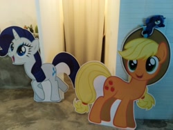 Size: 4032x3016 | Tagged: safe, photographer:horsesplease, applejack, rarity, cardboard cutout, irl, malaysia, photo, the friendship express, the friendship express 2018