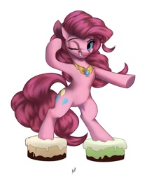 Size: 1145x1361 | Tagged: safe, artist:fluttersheeeee, pinkie pie, earth pony, pony, the beginning of the end, bipedal, cake, cakewalk, cute, diapinkes, element of laughter, female, food, mare, one eye closed, pun, simple background, smiling, solo, visual pun, white background, wink