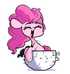 Size: 935x985 | Tagged: safe, artist:sourspot, pinkie pie, earth pony, pony, blushing, cup, cute, diapinkes, eyes closed, female, mare, motion blur, open mouth, simple background, solo, teacup, white background