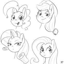 Size: 1000x1000 | Tagged: safe, artist:yakoshi, applejack, fluttershy, pinkie pie, rarity, earth pony, pegasus, pony, unicorn, blushing, bust, c:, female, freckles, happy, lidded eyes, lineart, looking at you, mare, monochrome, open mouth, simple background, sketch, smiling, white background