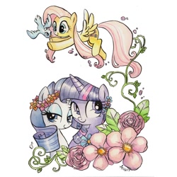 Size: 1080x1080 | Tagged: safe, artist:agnesgarbowska, fluttershy, rarity, twilight sparkle, bird, pegasus, pony, unicorn, cute, daisy (flower), female, flower, flower in hair, flying, leaf, lei, lidded eyes, looking at you, mare, rose, simple background, traditional art, trio, vine, watercolor painting, white background