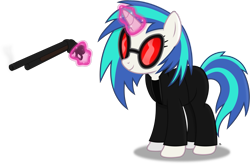 Size: 4209x2756 | Tagged: safe, artist:anime-equestria, dj pon-3, vinyl scratch, pony, unicorn, absurd resolution, clothes, female, gun, horn, jacket, levitation, magic, mare, shotgun, simple background, smiling, solo, sunglasses, telekinesis, terminator, transparent background, vector, vinyl's glasses, weapon