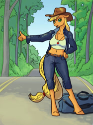 Size: 700x934 | Tagged: safe, artist:adeptus-monitus, applejack, anthro, earth pony, unguligrade anthro, clothes, commission, female, forest, hitchhiking, jacket, jeans, mare, pants, road, solo, tanktop, ych result