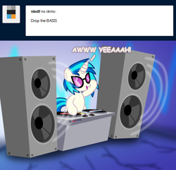 Size: 4622x4450 | Tagged: safe, artist:agkandphotomaker2000, dj pon-3, vinyl scratch, pony, unicorn, ask, bass drop, cracks, dj booth, female, mare, solo, speakers, tumblr, tumblr:pony video maker's blog, vinyl disc, vinyl's glasses