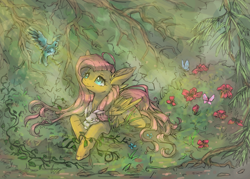 Size: 1400x1000 | Tagged: safe, artist:dybafeahr, fluttershy, bird, butterfly, pegasus, pony, rabbit, animal, female, flower, folded wings, forest, looking at something, looking up, mare, outdoors, prone, solo, three quarter view, vine, wings