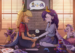 Size: 1700x1200 | Tagged: safe, artist:tcn1205, applejack, opalescence, rarity, dragon, human, equestria girls, clothes, cute, daaaaaaaaaaaw, female, humanized, jackabetes, kneeling, lesbian, looking at each other, plushie, pony coloring, raribetes, rarijack, ring, shipping, smiling, weapons-grade cute