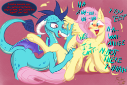 Size: 2400x1600 | Tagged: safe, artist:frist44, fluttershy, princess ember, dragon, pegasus, pony, blushing, crying, duo, embershy, female, laughing, lesbian, shipping, tears of laughter, tickling, ticklish wings, wings