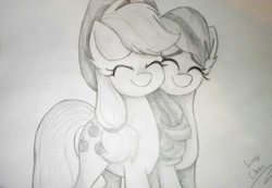 Size: 1024x707 | Tagged: safe, artist:envygirl95, applejack, coloratura, earth pony, pony, female, lesbian, monochrome, rarajack, shipping, traditional art