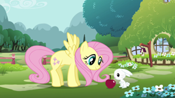 Size: 1280x720 | Tagged: safe, screencap, angel bunny, discord, fluttershy, draconequus, pegasus, pony, rabbit, animal, apple, bird house, fence, flower, fluttershy's cottage, food, intro, mountain, mountain range, opening, slowpoke, theme song, tree