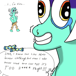 Size: 900x900 | Tagged: safe, artist:masterkaiser, bon bon, lyra heartstrings, sweetie drops, angry, clothes, crying, dialogue, female, grin, mare, nervous, nervous grin, pain, pants, satire, simple background, smiling, suffering, tears of pain, white background