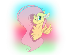 Size: 2000x1500 | Tagged: safe, artist:smileyjoke36, fluttershy, pegasus, pony, bandaid, bust, chest fluff, ear fluff, female, floating wings, floppy ears, fluffy, looking at you, mare, one eye closed, simple background, smiling, solo, spread wings, transparent background, wings