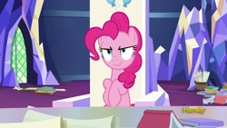 Size: 1920x1080 | Tagged: safe, screencap, pinkie pie, earth pony, pony, sparkle's seven, >:), book, friendship throne