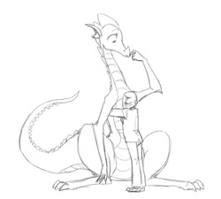 Size: 954x860 | Tagged: safe, artist:carnifex, barb, spike, oc, oc:anon, dragon, human, hug, monochrome, older, rule 63, size difference, sketch
