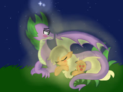 Size: 1024x768 | Tagged: safe, artist:fluttershyfilly-yay, applejack, spike, dragon, earth pony, pony, applespike, blushing, cute, female, glow, hatless, lidded eyes, loose hair, male, missing accessory, night, older, older spike, prone, shipping, sky, sleeping, stars, straight, winged spike