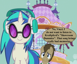 Size: 1296x1080 | Tagged: safe, edit, edited screencap, screencap, dj pon-3, doctor whooves, vinyl scratch, pony, unicorn, slice of life (episode), carousel boutique, cropped, cute, doctor who, headphones, implied autons, kraftwerk, spearhead from space, speech, speech bubble, sunglasses, talking, terror of the autons, vinylbetes