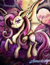 Size: 786x1017 | Tagged: safe, artist:animechristy, fluttershy, bat, bat pony, pegasus, pony, bats!, bat ponified, bat wings, fangs, flutterbat, night, purple sky, race swap, tree, wings