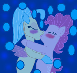 Size: 1300x1224 | Tagged: safe, artist:bigpurplemuppet99, pinkie pie, princess skystar, seapony (g4), blushing, bubble, eyes closed, female, french kiss, heart, kissing, lesbian, seaponified, seapony pinkie pie, shipping, skypie, species swap, underwater