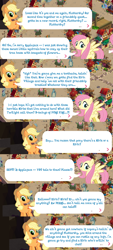 Size: 980x2176 | Tagged: safe, applejack, fluttershy, lix spittle, earth pony, pegasus, pony, my little pony: the movie, sounds of silence, dialogue, gameloft, implied autumn blaze, implied twilight sparkle, klugetown, parrot pirates, pirate