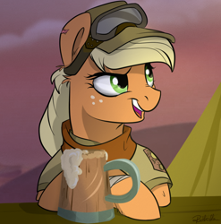 Size: 752x761 | Tagged: safe, artist:rutkotka, applejack, earth pony, pony, cider, evening, female, hat, mare, smiling, soldier, tankard, war, warrior