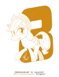 Size: 1086x1400 | Tagged: safe, artist:fuzon-s, part of a set, applejack, earth pony, pony, anniversary, female, happy birthday mlp:fim, mare, mlp fim's eighth anniversary, monochrome, pony channel, sketch, smiling, solo, style emulation, walking, yuji uekawa style