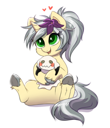 Size: 837x975 | Tagged: safe, artist:confetticakez, oc, oc only, oc:mercury shine, pony, unicorn, crossover, cute, female, frog (hoof), mare, mimikyu, pokémon, ponytail, simple background, sitting, solo, underhoof, white background