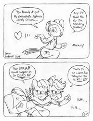 Size: 849x1100 | Tagged: safe, artist:circe, applejack, rainbow dash, anthro, unguligrade anthro, comic:soreloser, black and white, blowing a kiss, blushing, breasts, censored vulgarity, chico marx, comic, grawlixes, grayscale, marx brothers, monochrome, this will end in death, traditional art