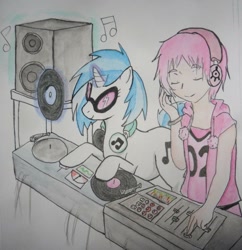 Size: 1024x1060 | Tagged: safe, artist:swiftdreamer15, dj pon-3, vinyl scratch, human, pony, unicorn, aelita schaeffer, code lyoko, crossover, disk jockey, duo, duo female, female, headphones, human and pony, mare, music notes, record, simple background, speaker, sunglasses, traditional art, turntable, white background