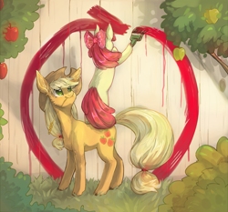 Size: 1289x1200 | Tagged: safe, artist:mequiloano, apple bloom, applejack, earth pony, pony, adorabloom, apple, apple tree, back, bipedal, bipedal leaning, bow, cheek fluff, cowboy hat, cute, duo, ear fluff, female, filly, fluffy, food, grass, hair bow, hat, hoof hold, leaning, looking back, looking up, mare, on top, paint, paintbrush, painting, ponies riding ponies, siblings, sisters, smiling, standing, stetson, straw in mouth, tree