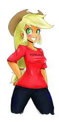 Size: 723x1478 | Tagged: safe, artist:hippik, artist:reiduran, color edit, edit, applejack, human, equestria girls, apple, applerack, breasts, clothes, colored, cute, female, grin, hat, humanized, jackabetes, jeans, looking at you, misleading thumbnail, pants, shirt, simple background, smiling, solo, squee, t shirt design, that pony sure does love apples, white background